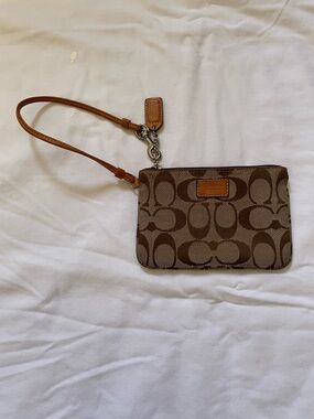 Coach Brown/Tan Signature Canvas Wristlet with Leather Strap